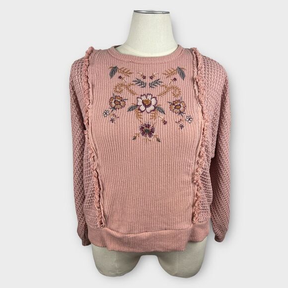 Knox Rose Pink Waffle Knit Floral Embroidered Raw Hem Sweater Top XXL Boho - Picture 1 of 8